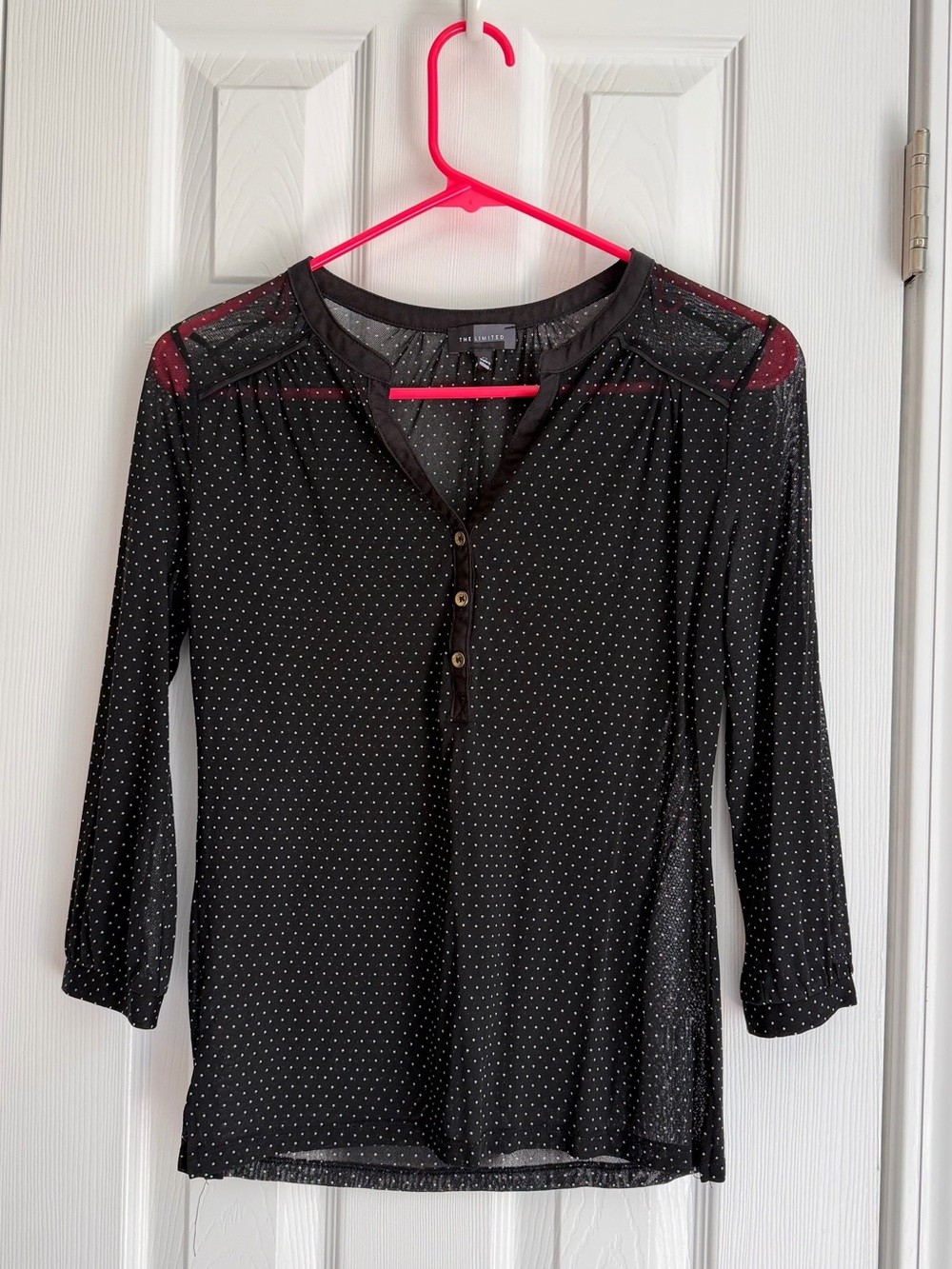 The Limited Sheer Black Half Button Top with White Polka Dots